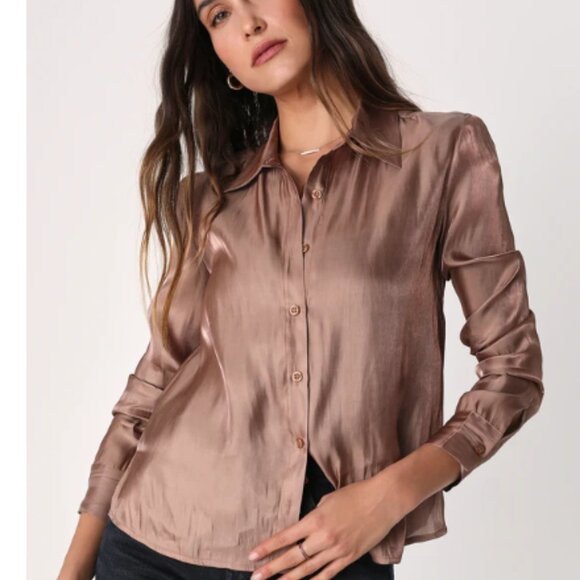 Lulus Chic Appearance Shiny Bronze Button-Up Top – Size Large - Picture 1 of 11
